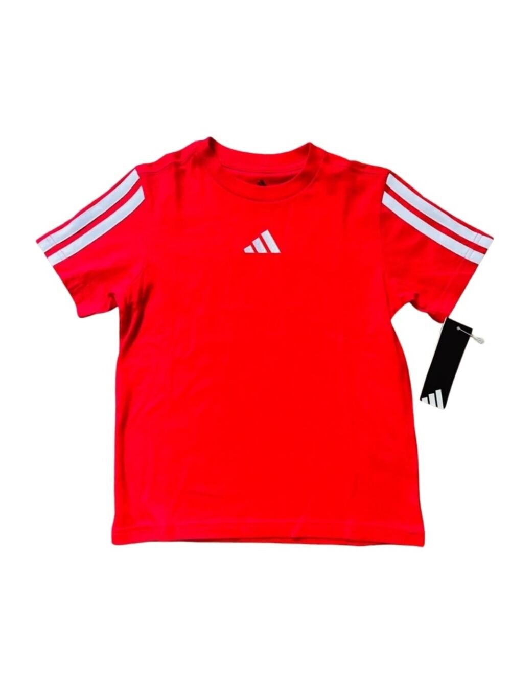 adidas Red Short-Sleeve Kids Tee with White Stripes Boys 7 #0137